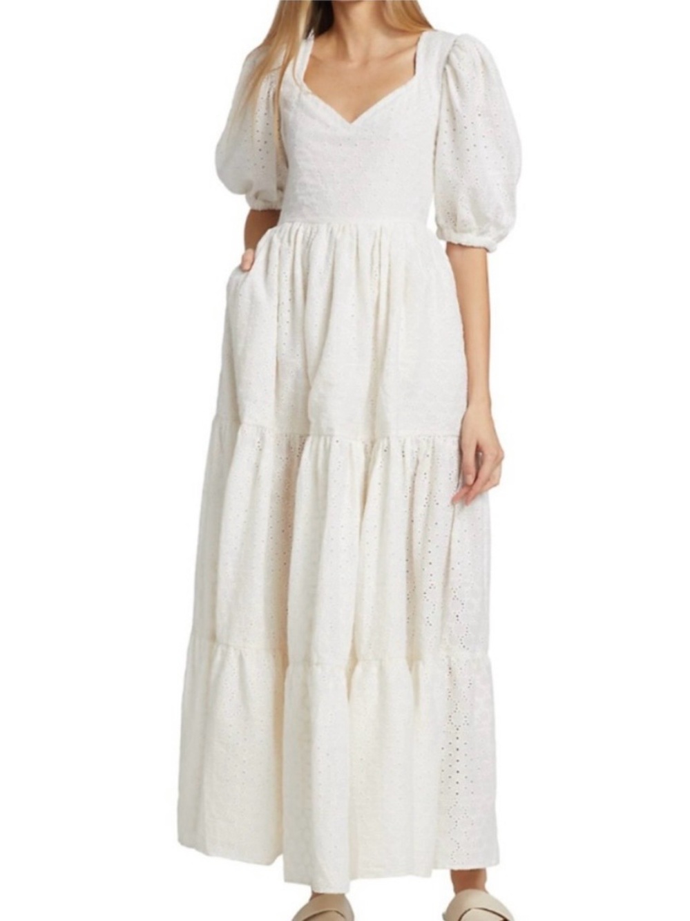 Mille Maja White Eyelet Tiered Maxi Dress with Puff Sleeves, Women's Small, $354 - Picture 3 of 12